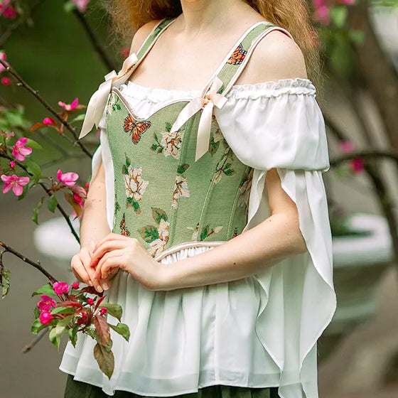 LIGHT GREEN SUMMER BUTTERFLY AND FLORAL STITCH CORSET BUSTIER