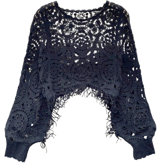 BOHO STYLE CROCHET LONG-SLEEVED HALTER TOP WITH FRINGE IN BLACK