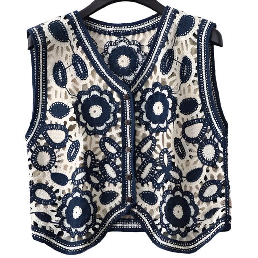 CROCHET SLEEVELESS BOHO VEST IN CREAM AND DARK BLUE-GREEN