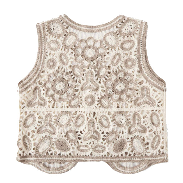 CROCHET SLEEVELESS BOHO VEST IN NEUTRAL TONES OF CREAM AND LIGHT BROWN