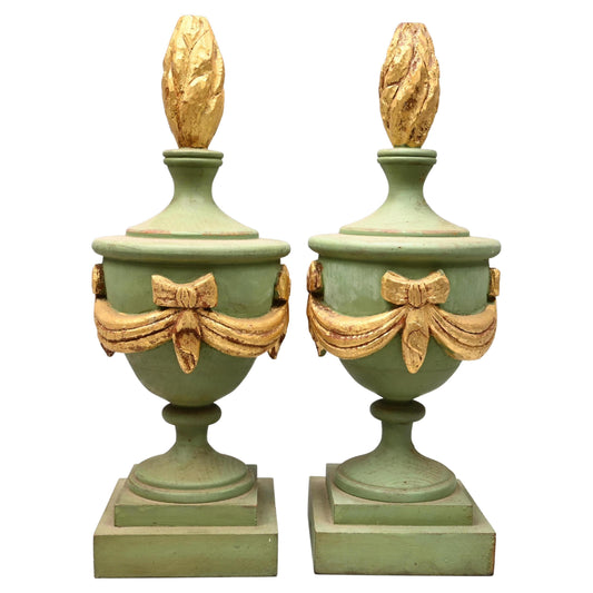 Decorative pair of wooden light green and gold painted architectural salvage finials 