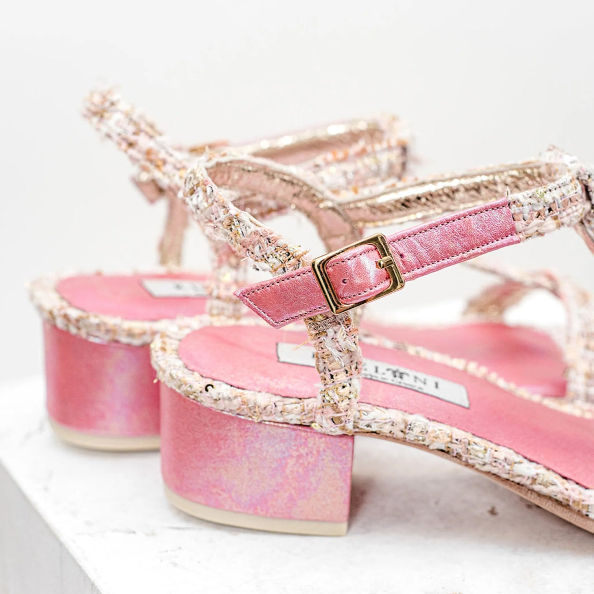 Designer pink leather and Italian boucle sandals handmade in Greece by Kheloni