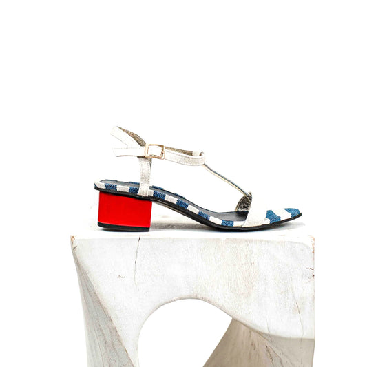 Designer vivid red leather and blue-white striped beach style sandals handmade in Greece by Kheloni