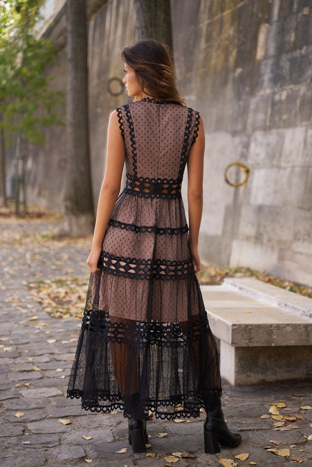 ELLIE LONG LACE TULLE DRESS IN BLACK BY CHOKLATE PARIS