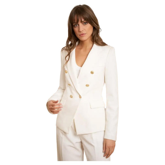 Fitted white classy blazer jacket with double breasted collar and gold buttons by Choklate Paris and available at Loudoun Boutique