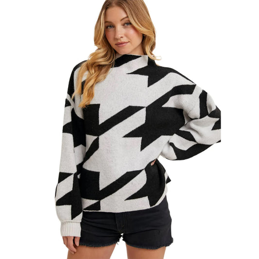 HOUNDSTOOTH MOCK NECK LOOSE FIT KNIT SWEATER IN BLACK AND WHITE available for shopping small in Northern Virginia