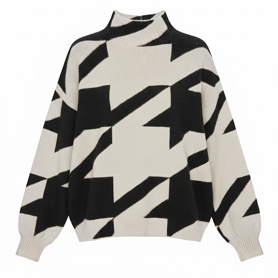 HOUNDSTOOTH MOCK NECK LOOSE FIT KNIT SWEATER IN BLACK AND WHITE available for shopping small in Northern Virginia