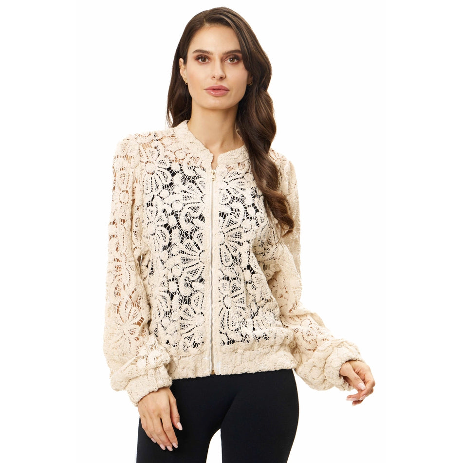 LACE CROCHET BOMBER JACKET WITH ZIPPER BY ADORE APPAREL LA