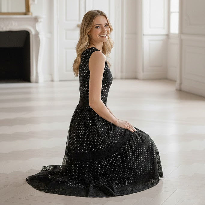 LONG BLACK AND WHITE POLKADOT TULLE DRESS WITH PLUNGING V-NECK BY CHOKLATE PARIS