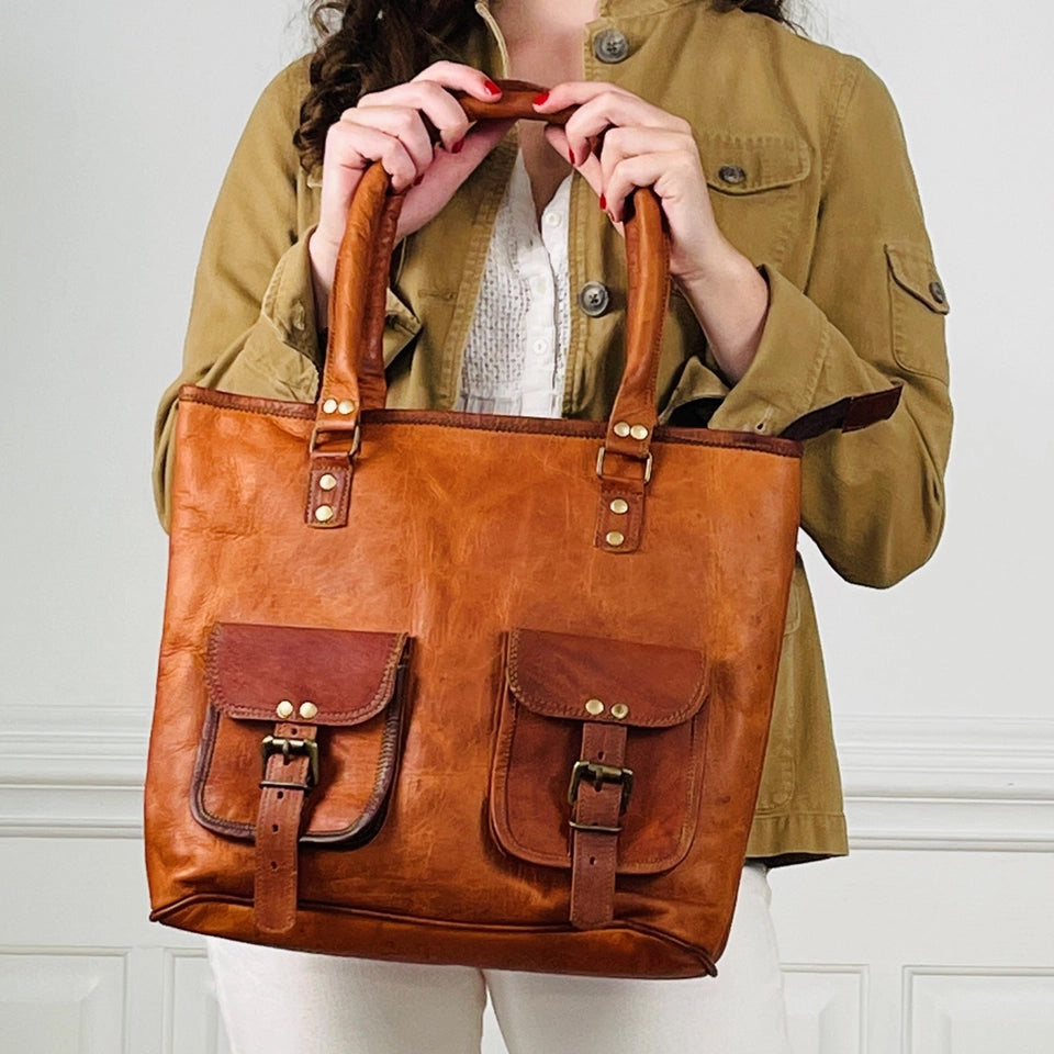 Le Papillon brown double pocket genuine leather saddle bag