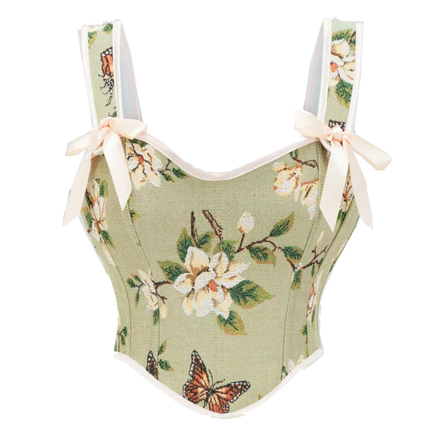 LIGHT GREEN SUMMER BUTTERFLY AND FLORAL STITCH CORSET BUSTIER