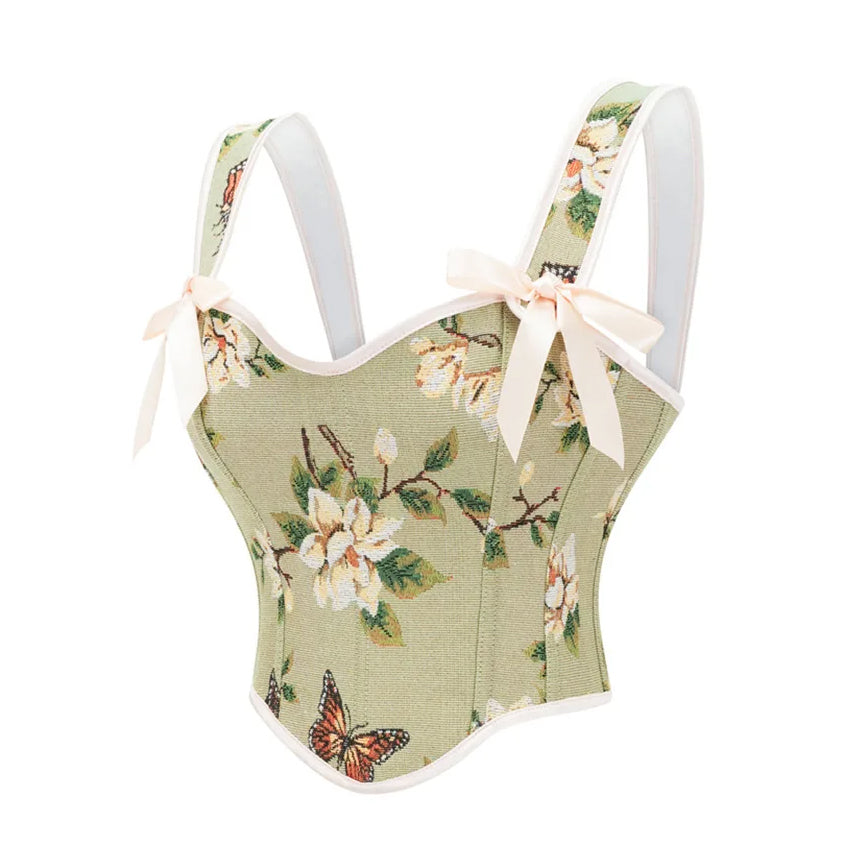 LIGHT GREEN SUMMER BUTTERFLY AND FLORAL STITCH CORSET BUSTIER