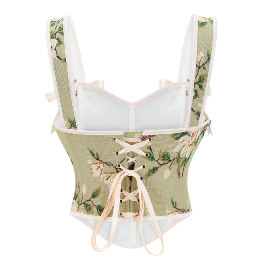 LIGHT GREEN SUMMER BUTTERFLY AND FLORAL STITCH CORSET BUSTIER