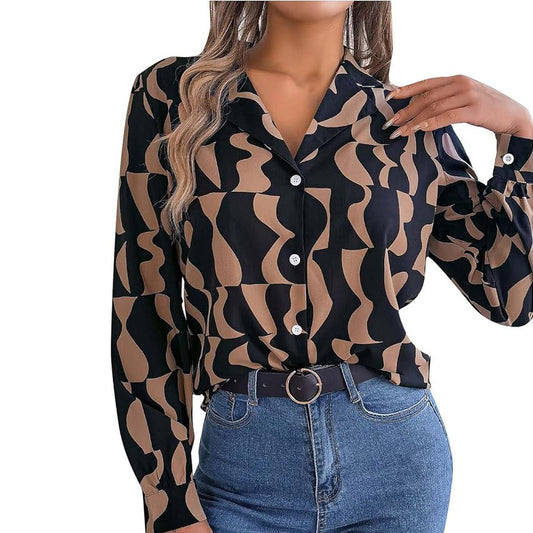 Long-sleeved Geometric Patterned Button Down Blouse in Mocha and Black