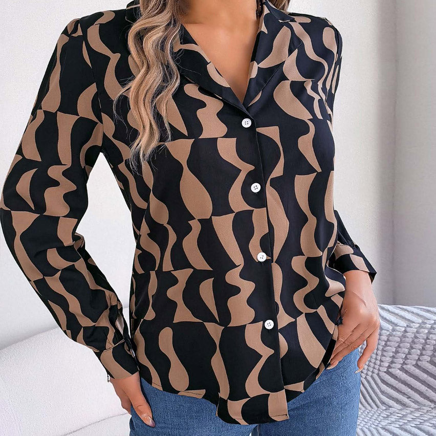 Long-sleeved Geometric Patterned Button Down Blouse in Mocha and Black