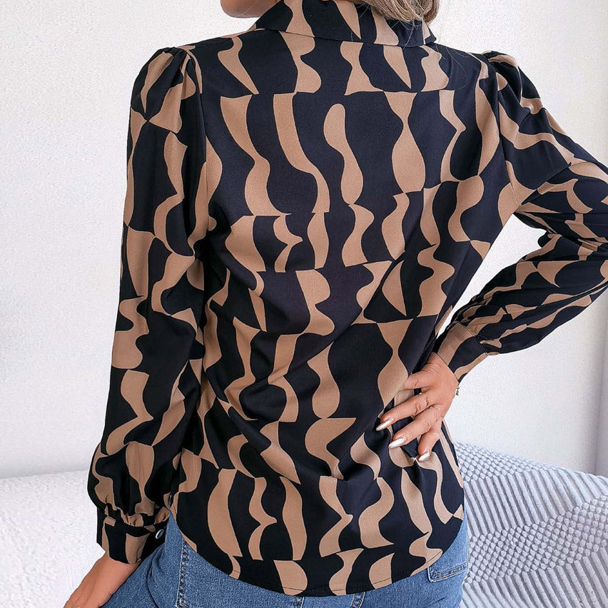 Long-sleeved Geometric Patterned Button Down Blouse in Mocha and Black