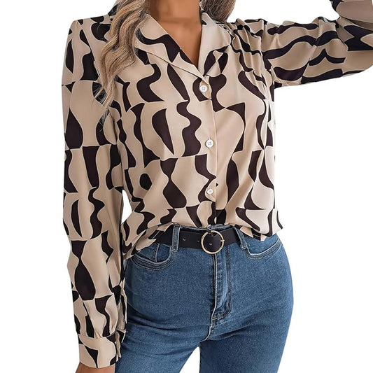 Long-sleeved Geometric Patterned Button Down Blouse in Taupe and Coffee