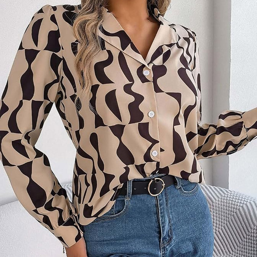 Long-sleeved Geometric Patterned Button Down Blouse in Taupe and Coffee