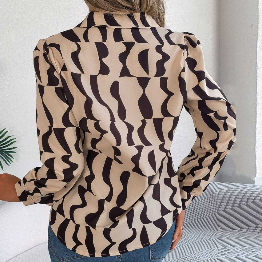 Long-sleeved Geometric Patterned Button Down Blouse in Taupe and Coffee