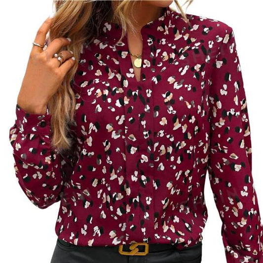 LONG-SLEEVED LEOPARD BRUSHSTROKE PATTERNED BUTTON-DOWN BLOUSE IN FUCHSIA