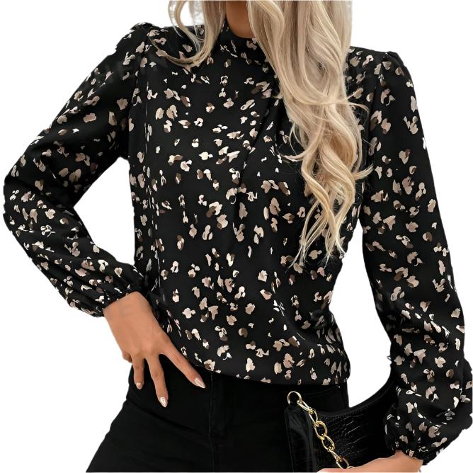 LONG-SLEEVED LEOPARD BRUSHSTROKE PATTERNED BUTTON-DOWN BLOUSE IN BLACK