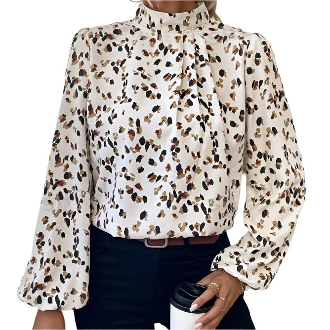 Longsleeved Leopard Brushstroke Patterned Button-Down Blouse in in White 