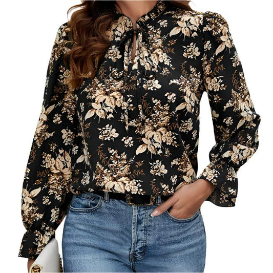 LONG-SLEEVED AUTUMN FLORAL PATTERNED BLOUSE IN BLACK