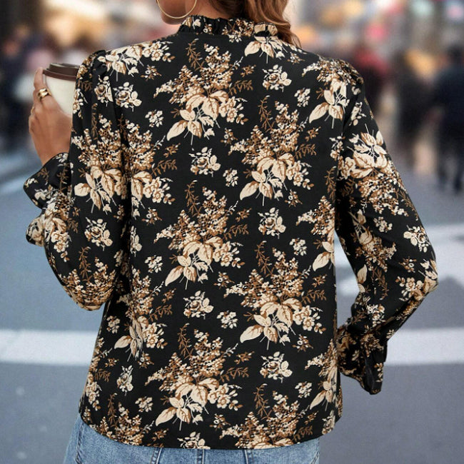 LONG-SLEEVED AUTUMN FLORAL PATTERNED BLOUSE IN BLACK