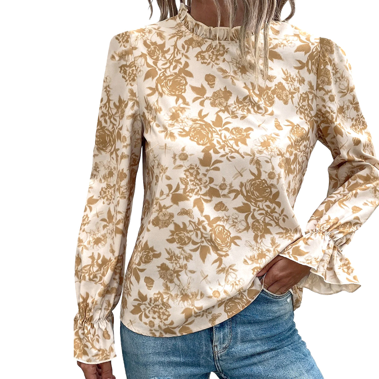 Long-sleeved Light Gold Toned Rose Print Ruffled Collar Blouse with Lantern sleeve cuffs available at Loudoun Boutique in historic downtown Leesburg