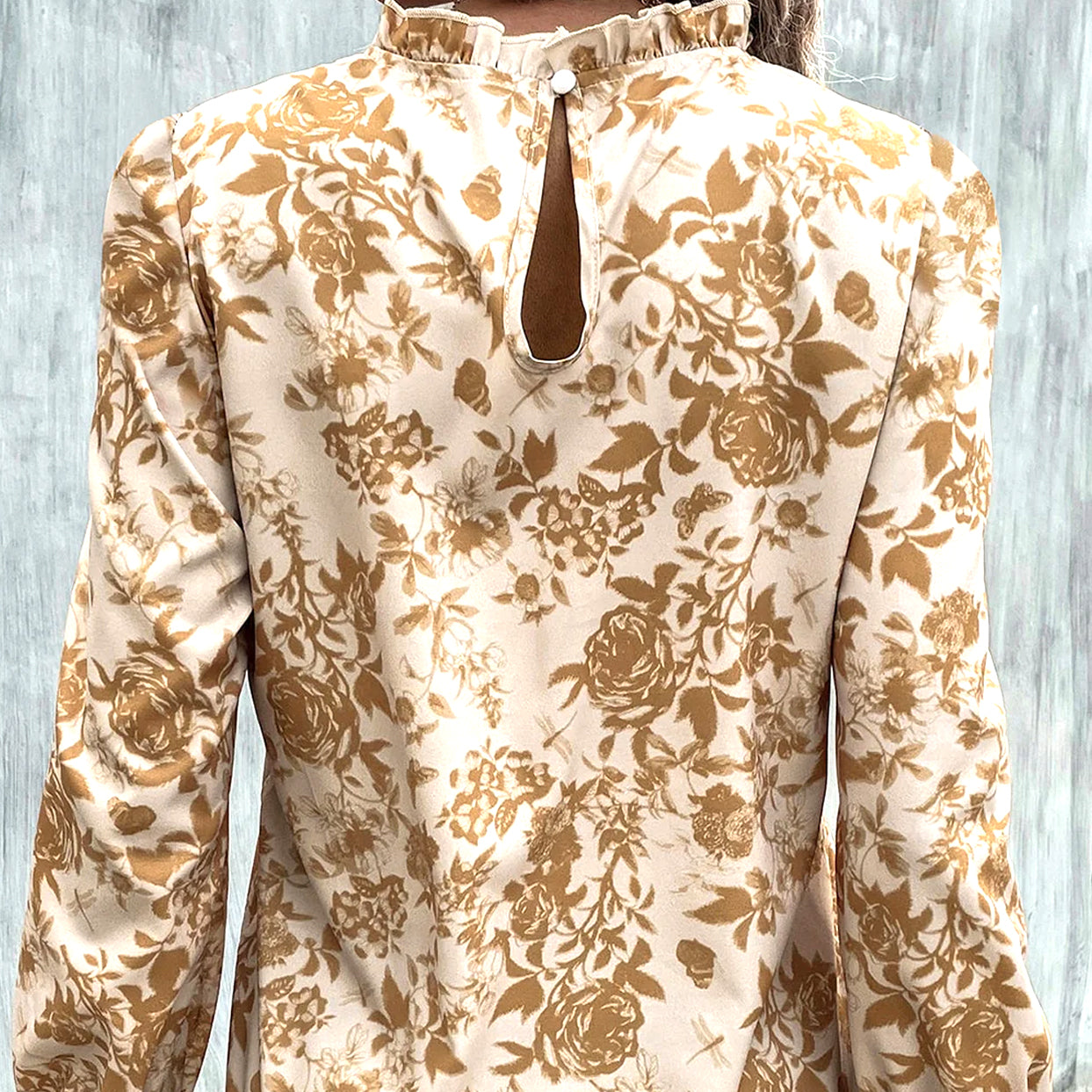 Long-sleeved Light Gold Toned Rose Print Ruffled Collar Blouse with Lantern sleeve cuffs available at Loudoun Boutique in historic downtown Leesburg