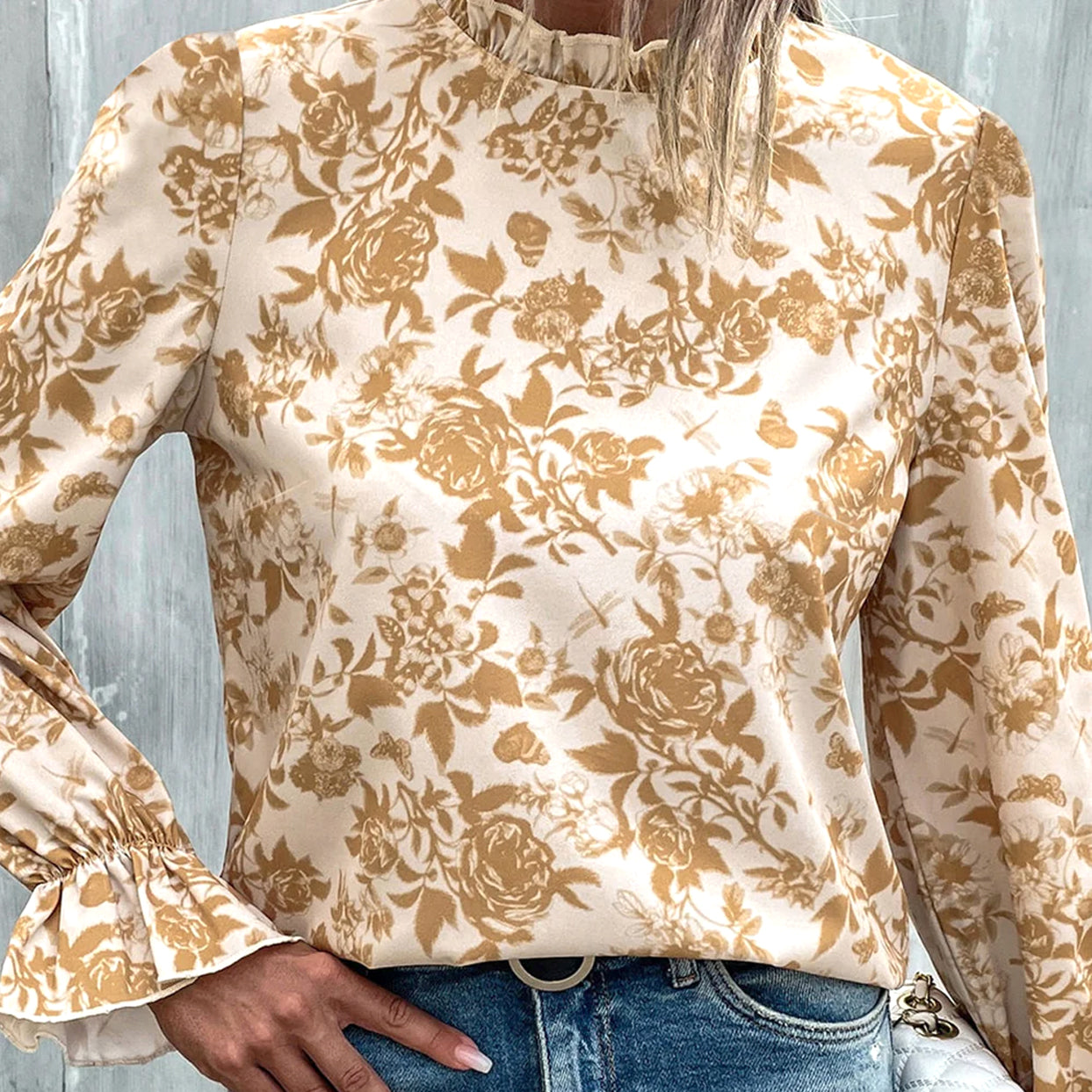 Long-sleeved Light Gold Toned Rose Print Ruffled Collar Blouse with Lantern sleeve cuffs available at Loudoun Boutique in historic downtown Leesburg