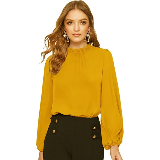 Long-sleeved fitted yellow blouse with ruffled collar and loose fitting sleeves.