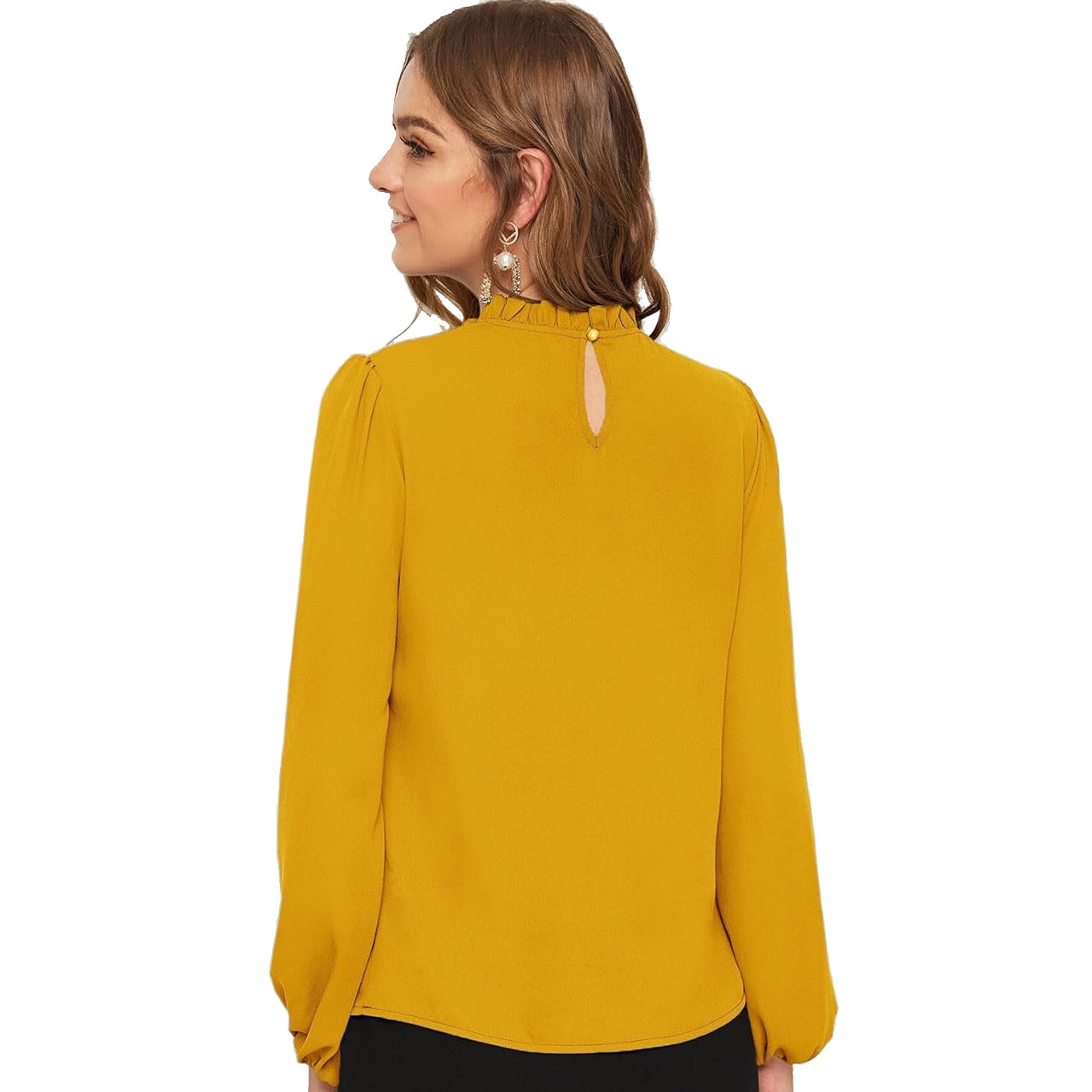 Long-sleeved fitted yellow blouse with ruffled collar and loose fitting sleeves.