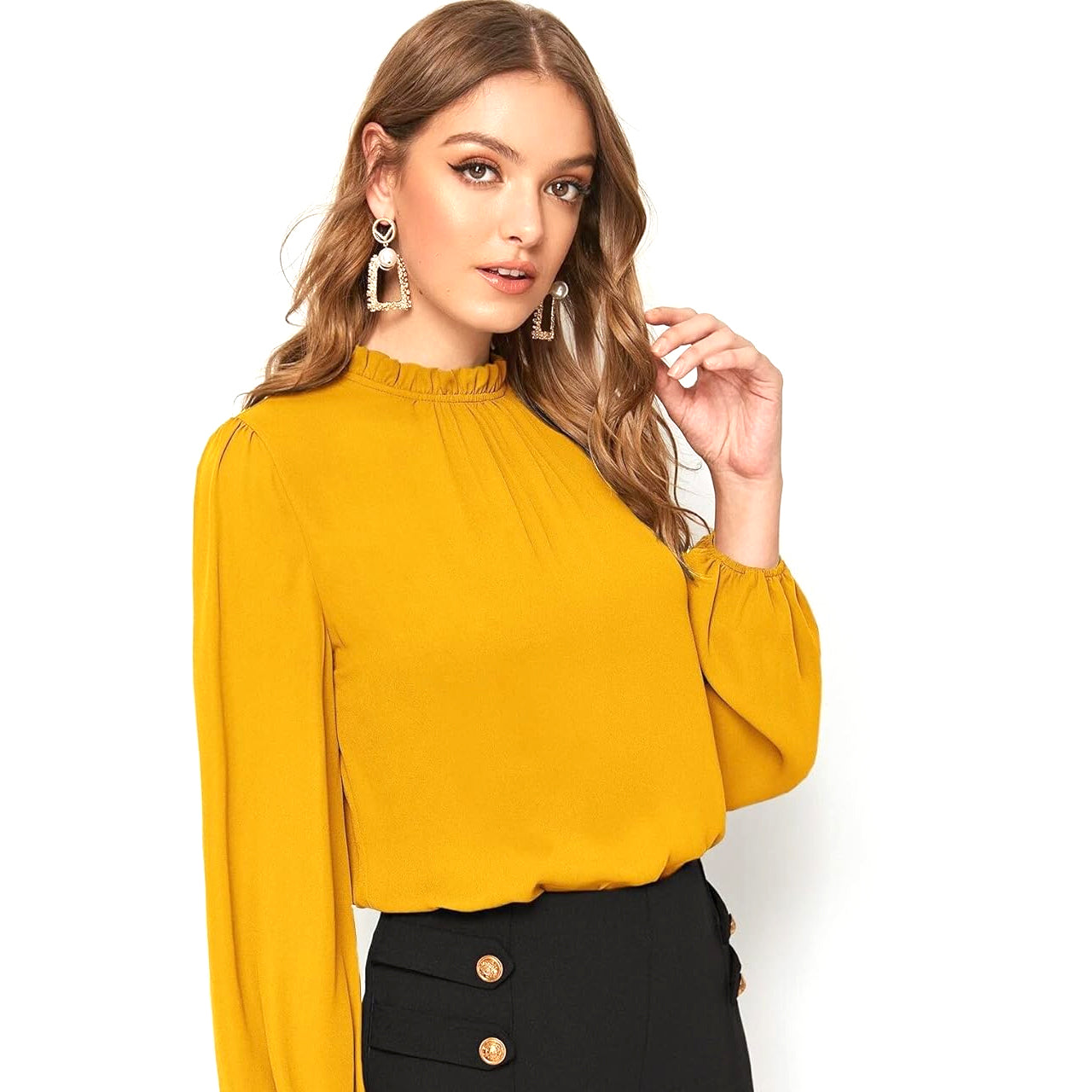 Long-sleeved fitted yellow blouse with ruffled collar and loose fitting sleeves.