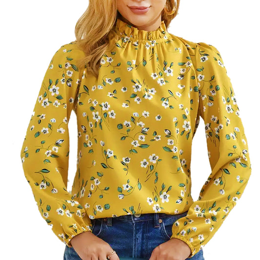 Long-sleeve yellow blouse with daisy pattern and ruffled collar.