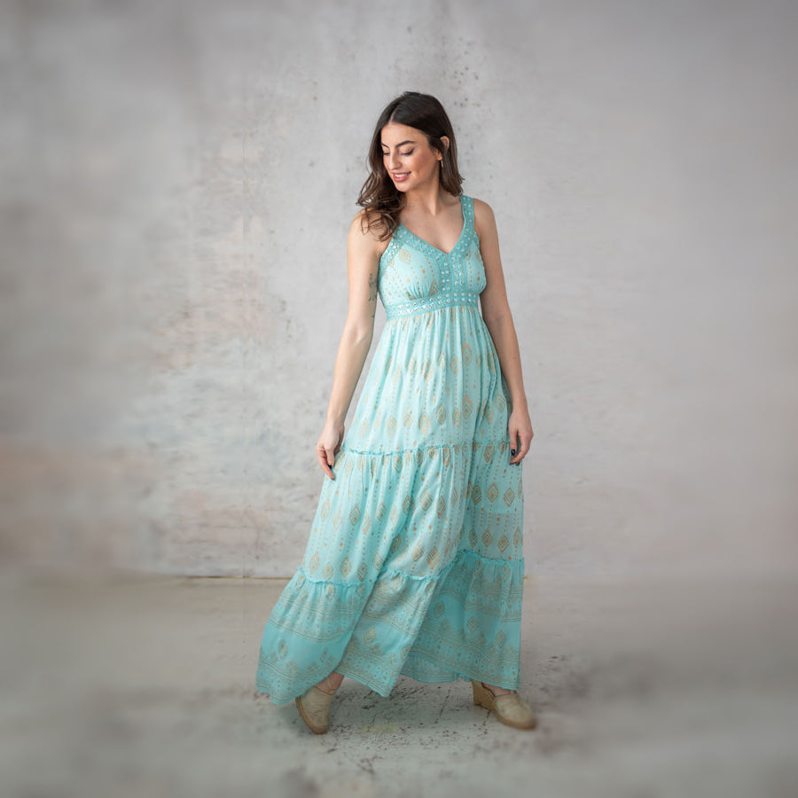 AQUA MARINE V-NECK ETHEREAL LONG DRESS BY LULA NATURA