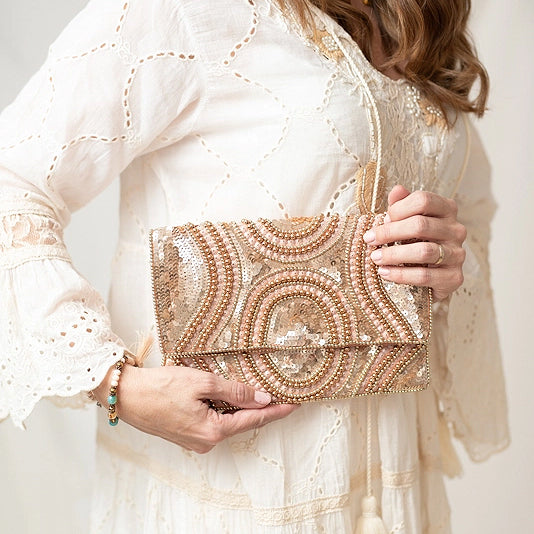 Lula Natura Boho sequin clutch designed in Spain and available in the USA