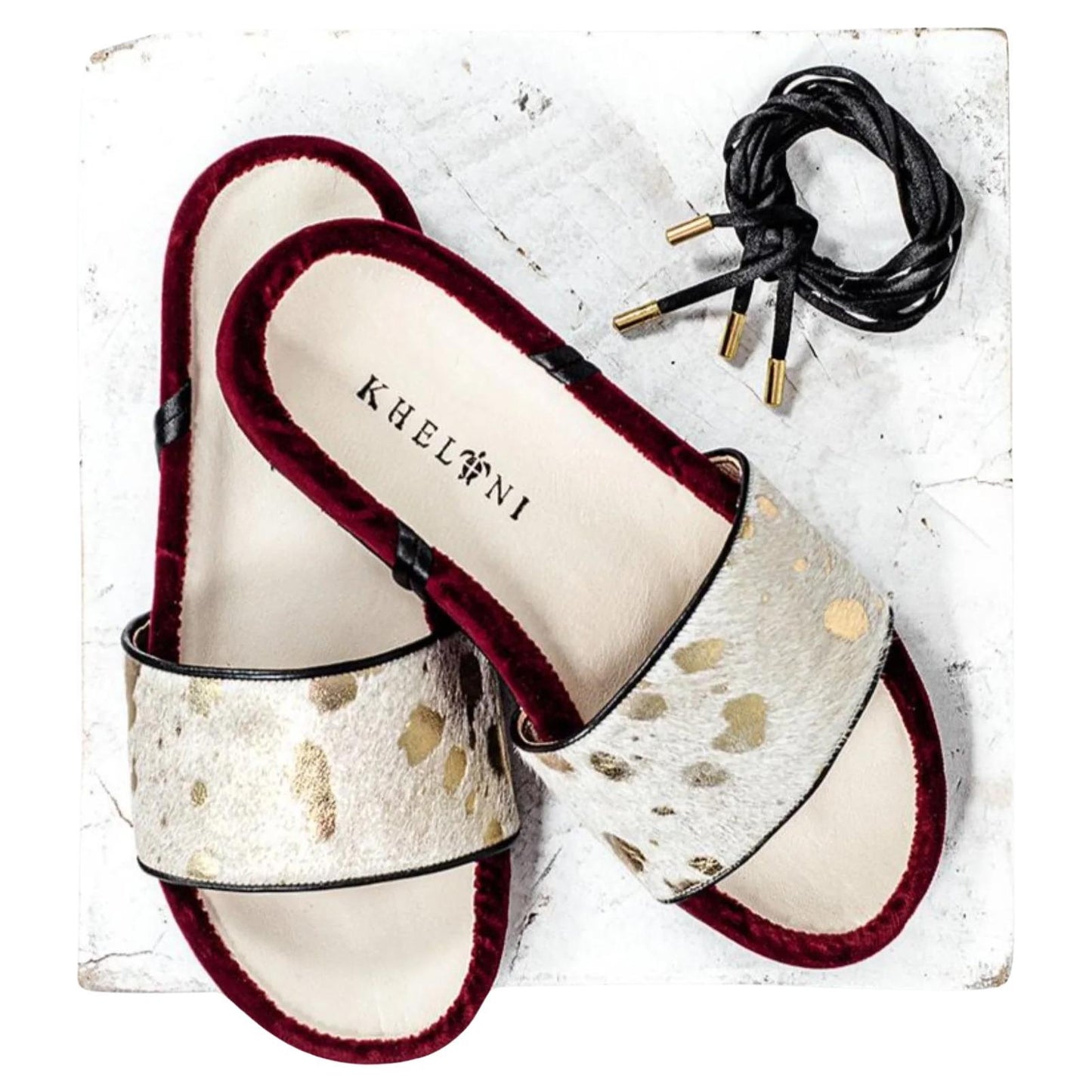 LUXURIOUS BURGUNDY VELVET AND GOLD STAMPED LEATHER AND SATIN STRAPPED SANDALS HANDMADE IN GREECE BY KHELONI