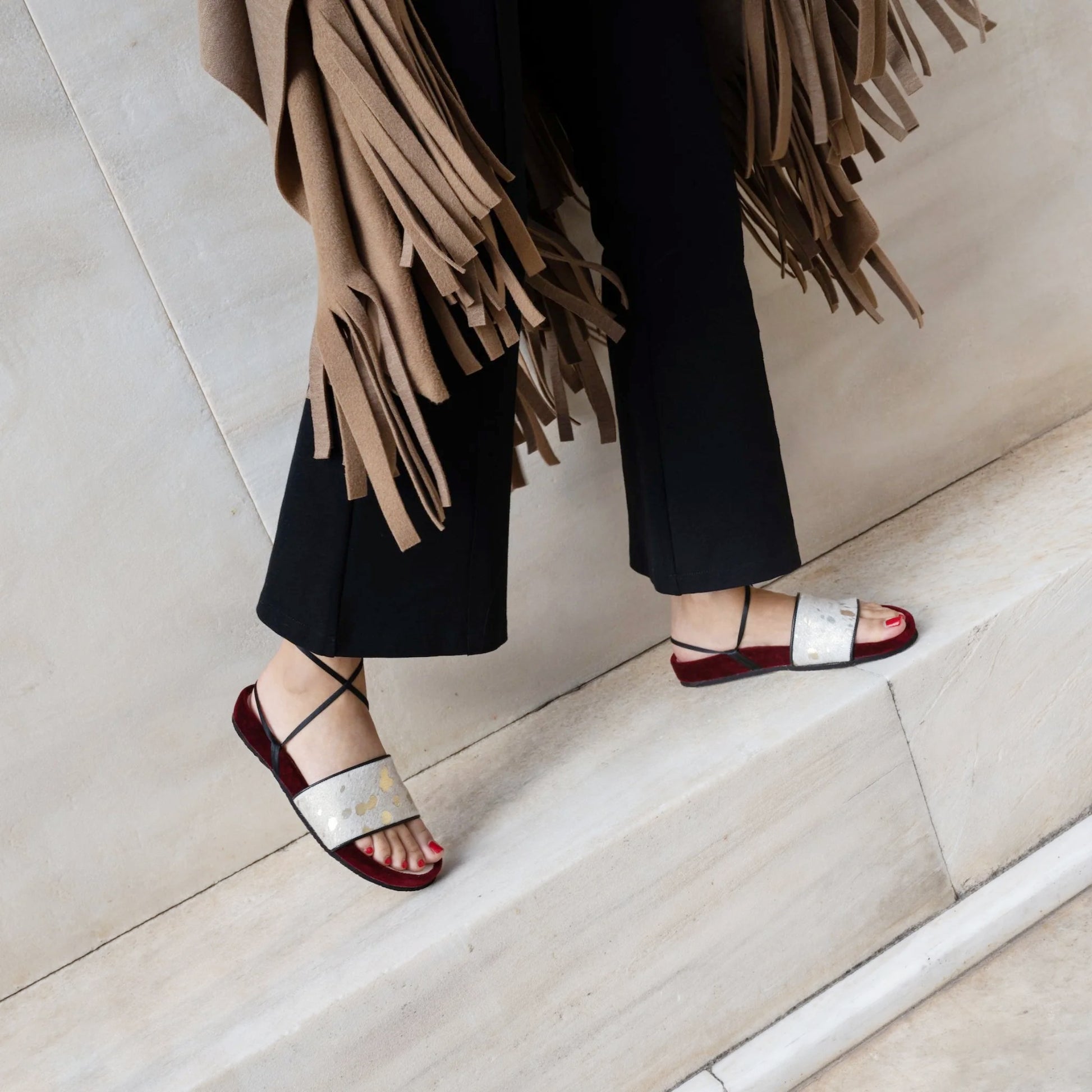 LUXURIOUS BURGUNDY VELVET AND GOLD STAMPED LEATHER AND SATIN STRAPPED SANDALS HANDMADE IN GREECE BY KHELONI