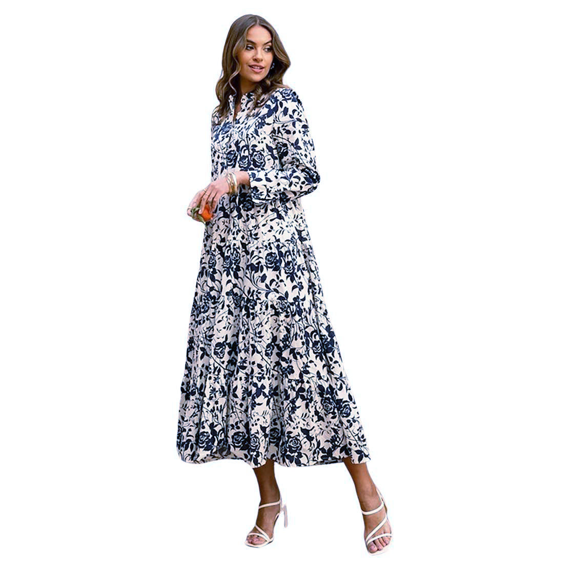 MARBELLA FLORAL NAVY AND ECRU COTTON LONG DRESS by Choklate Paris