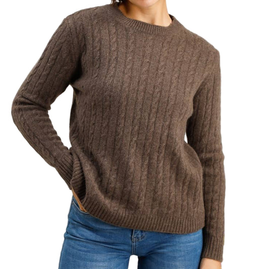 Achieve classic style and unparalleled comfort with this luxurious Taupe Crew Neck Cable Knit Sweater, expertly crafted in Italy using 100% extra fine Pure Merino Wool.
