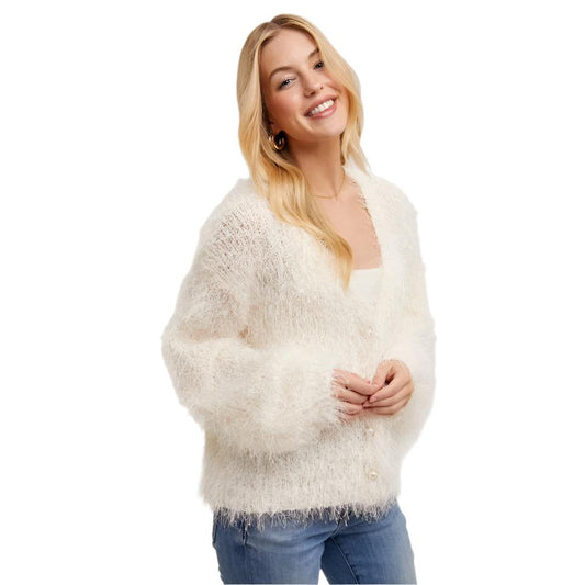 PEARL BUTTON DOWN FUZZY KNIT VANILLA CARDIGAN BY BLUIVY