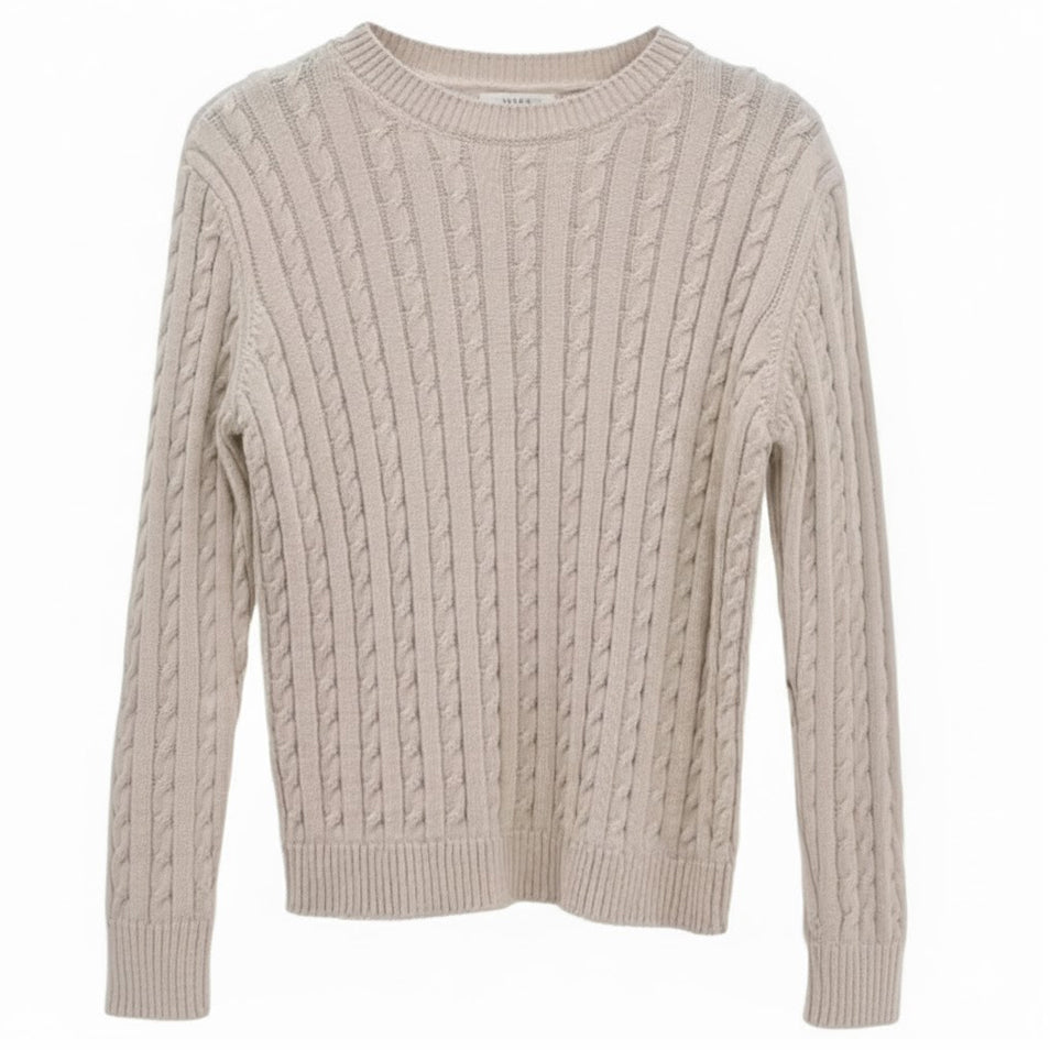 Rich neutral tone heritage cable-knit crew neck sweater made in Italy