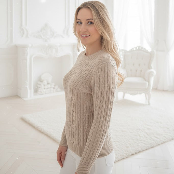 Rich neutral tone heritage cable-knit crew neck sweater made in Italy