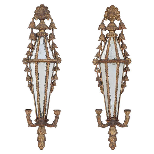 Pair of Italian Carved Giltwood Girandole Wall Sconce Mirrors circa 1800