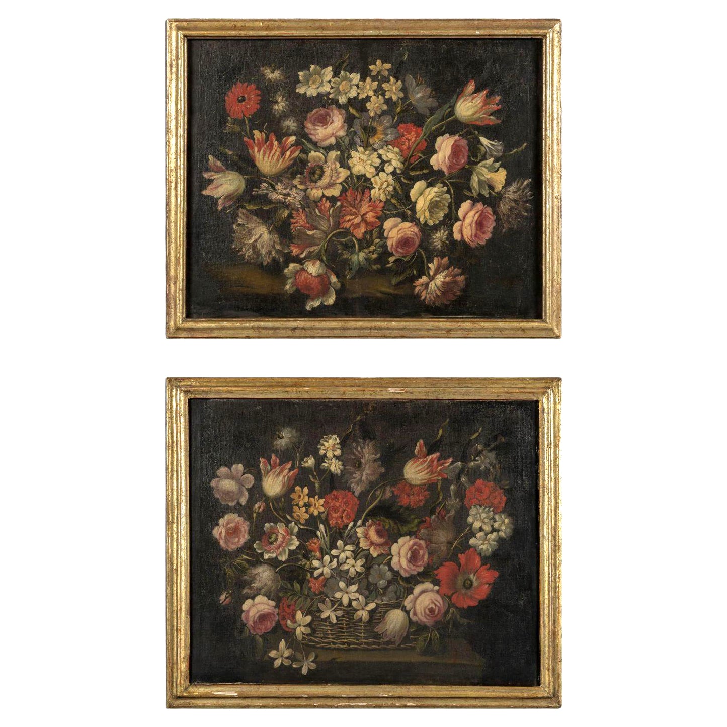 Beautifully aged pair of antique 17th century Italian Old Master Floral Oil Paintings in original giltwood frames