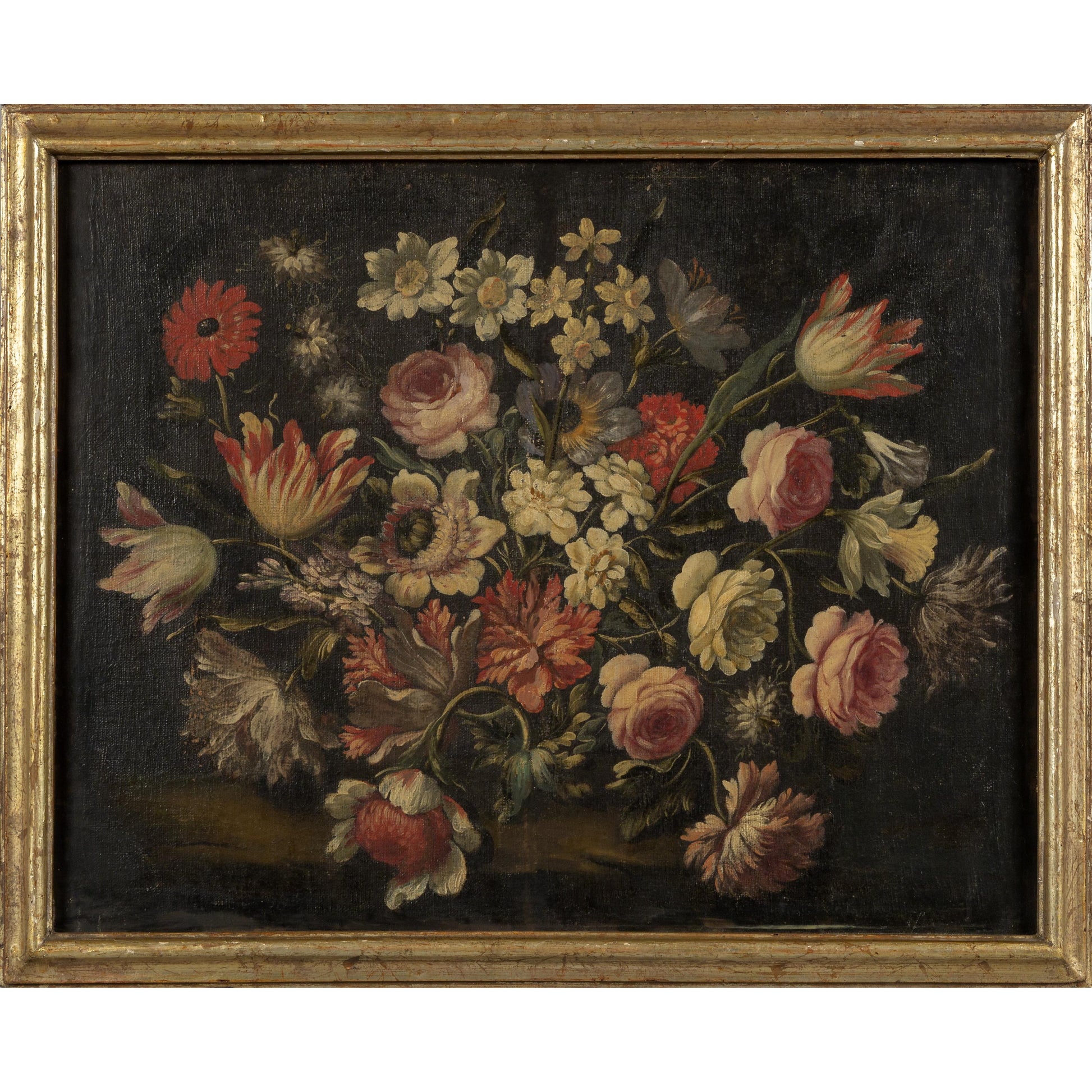 Beautifully aged pair of antique 17th century Italian Old Master Floral Oil Paintings in original giltwood frames