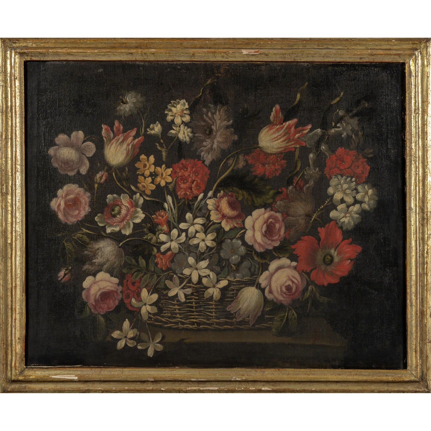 Beautifully aged pair of antique 17th century Italian Old Master Floral Oil Paintings in original giltwood frames