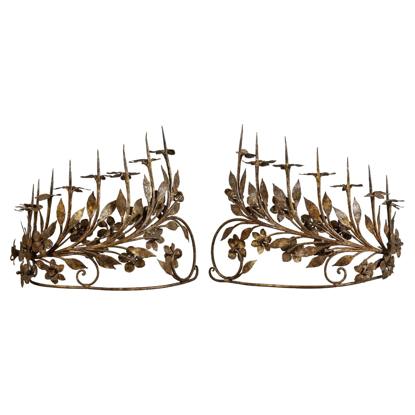 PAIR OF EIGHT-LIGHT ANTIQUE VINTAGE ITALIAN CANDELABRUM IN WROUGHT GILDED IRON