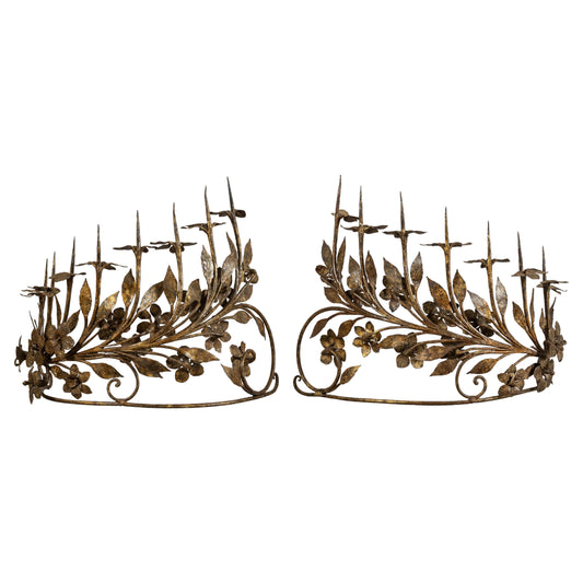 PAIR OF EIGHT-LIGHT ANTIQUE VINTAGE ITALIAN CANDELABRUM IN WROUGHT GILDED IRON